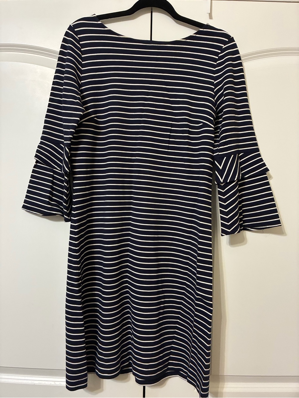 Ann Taylor Navy and White Striped Midi Dress with Bell Sleeves